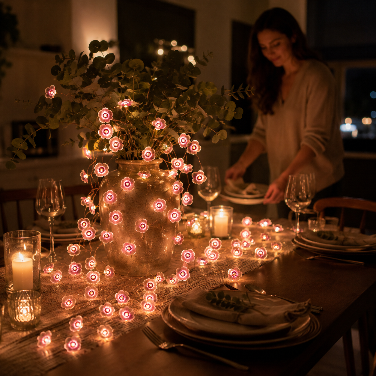 Pink Flower LED Copper Wire String Lights – Battery Powered Floral Fairy Lights