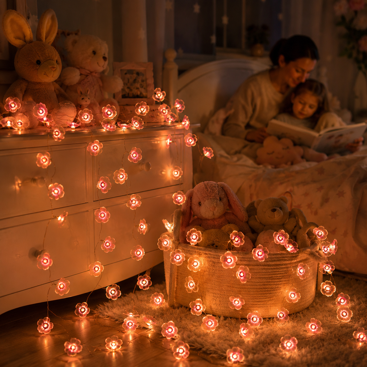 Pink Flower LED Copper Wire String Lights – Battery Powered Floral Fairy Lights