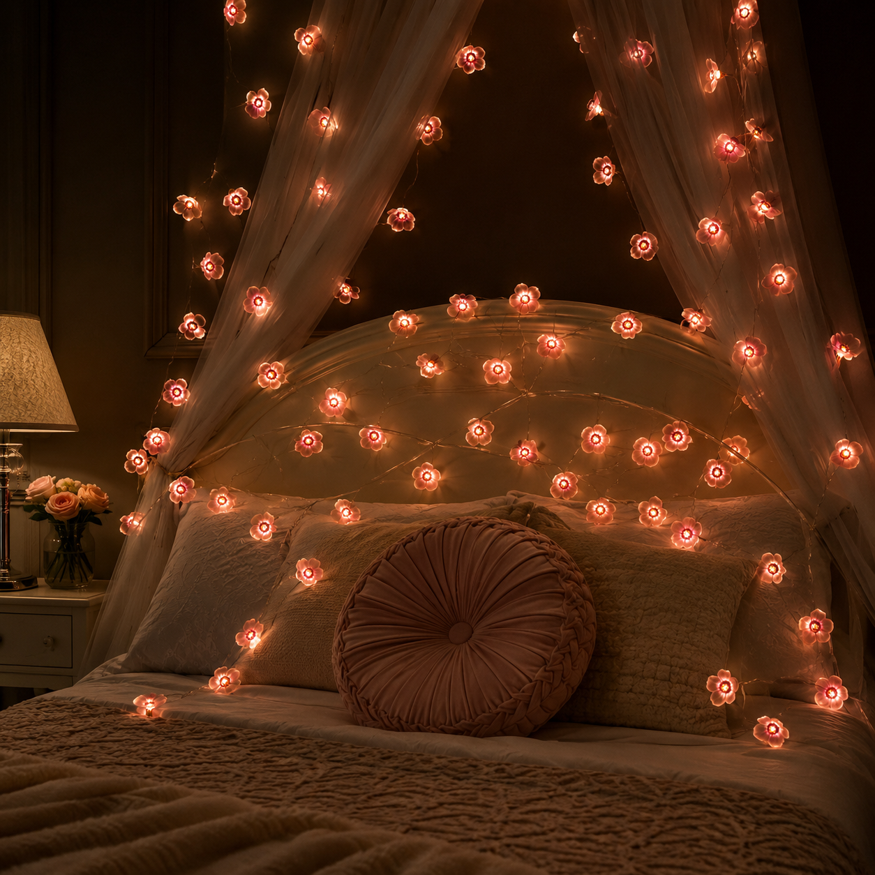 Pink Flower LED Copper Wire String Lights – Battery Powered Floral Fairy Lights