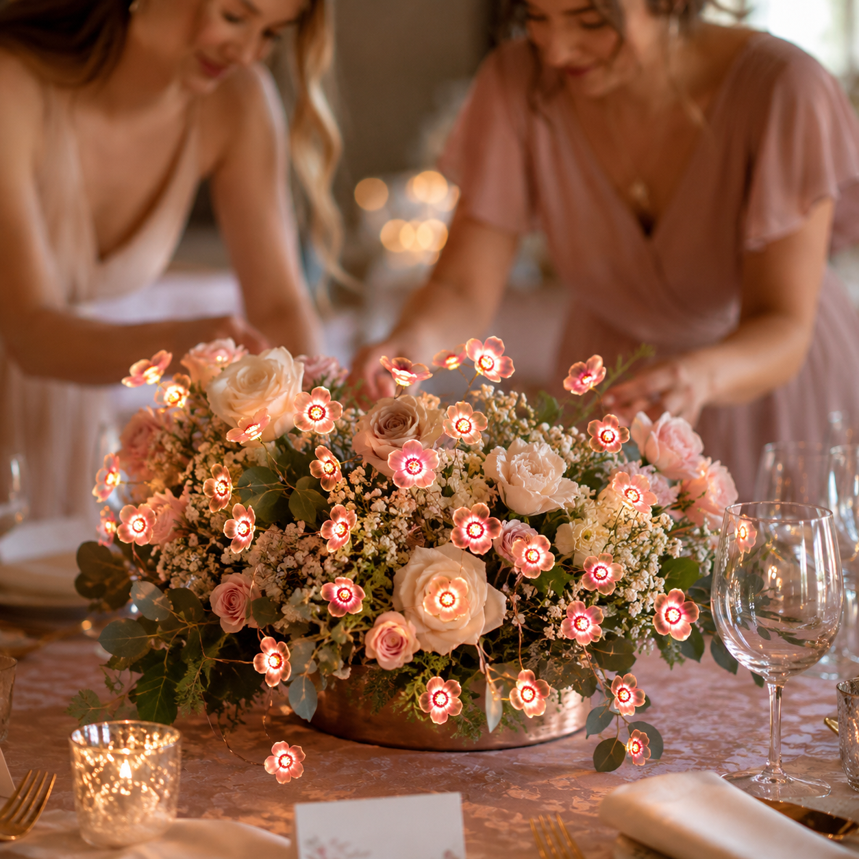 Pink Flower LED Copper Wire String Lights – Battery Powered Floral Fairy Lights