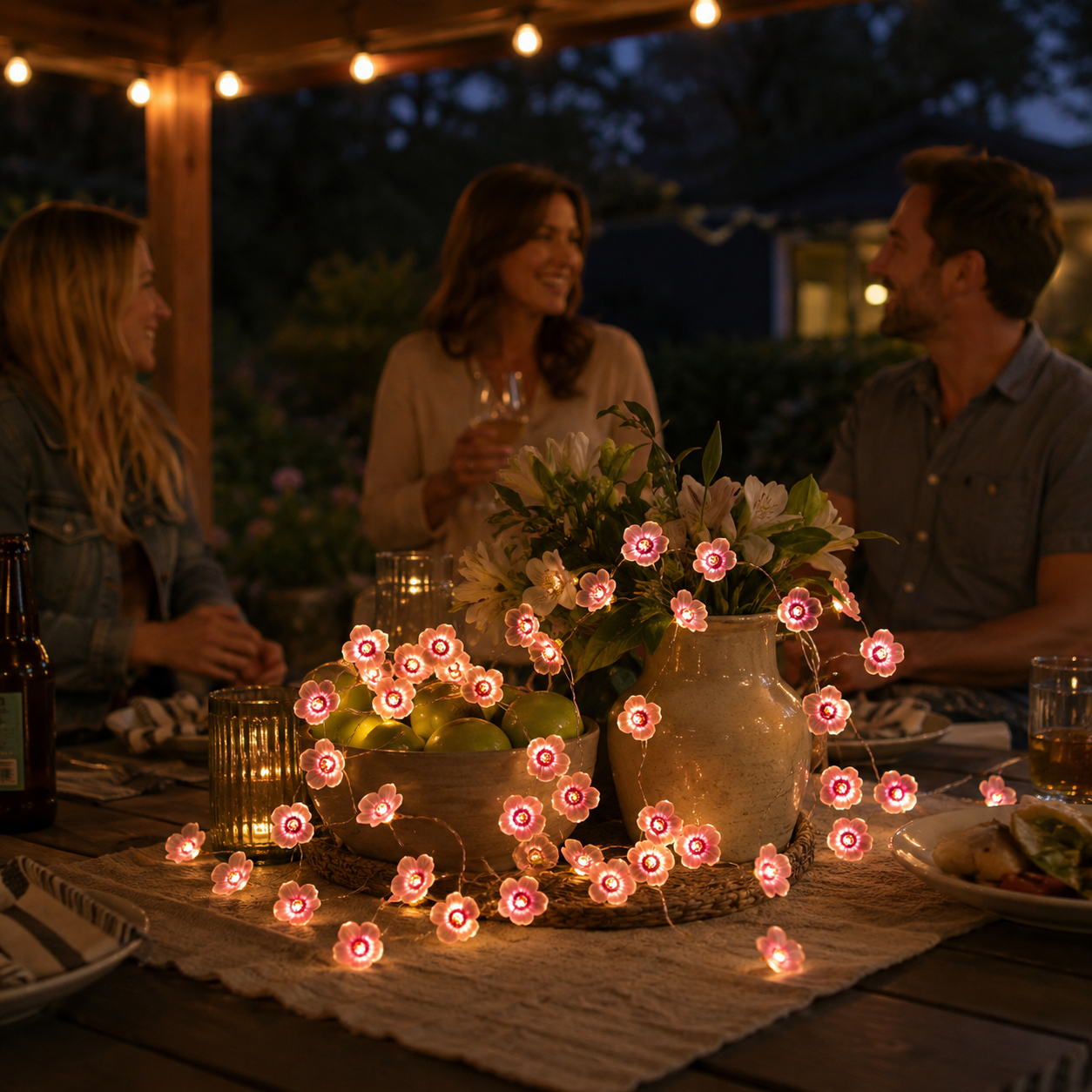 Pink Flower LED Copper Wire String Lights – Battery Powered Floral Fairy Lights