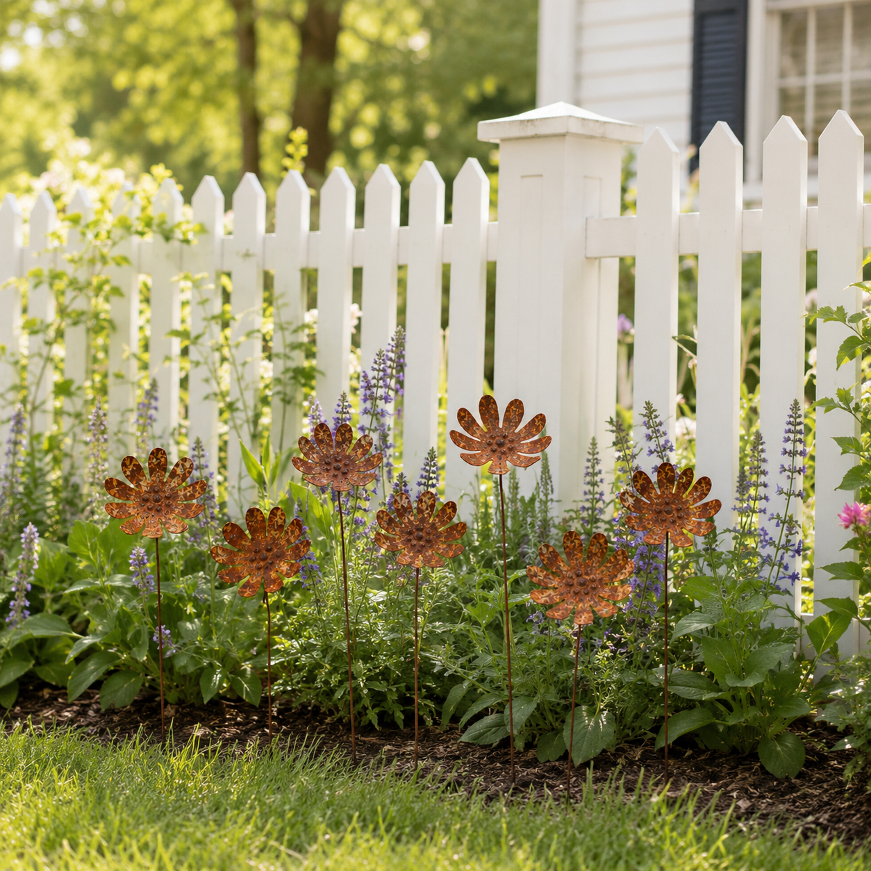 Rustic Daisy Metal Garden Stake Set – 6-Piece Iron Flower Outdoor Decor