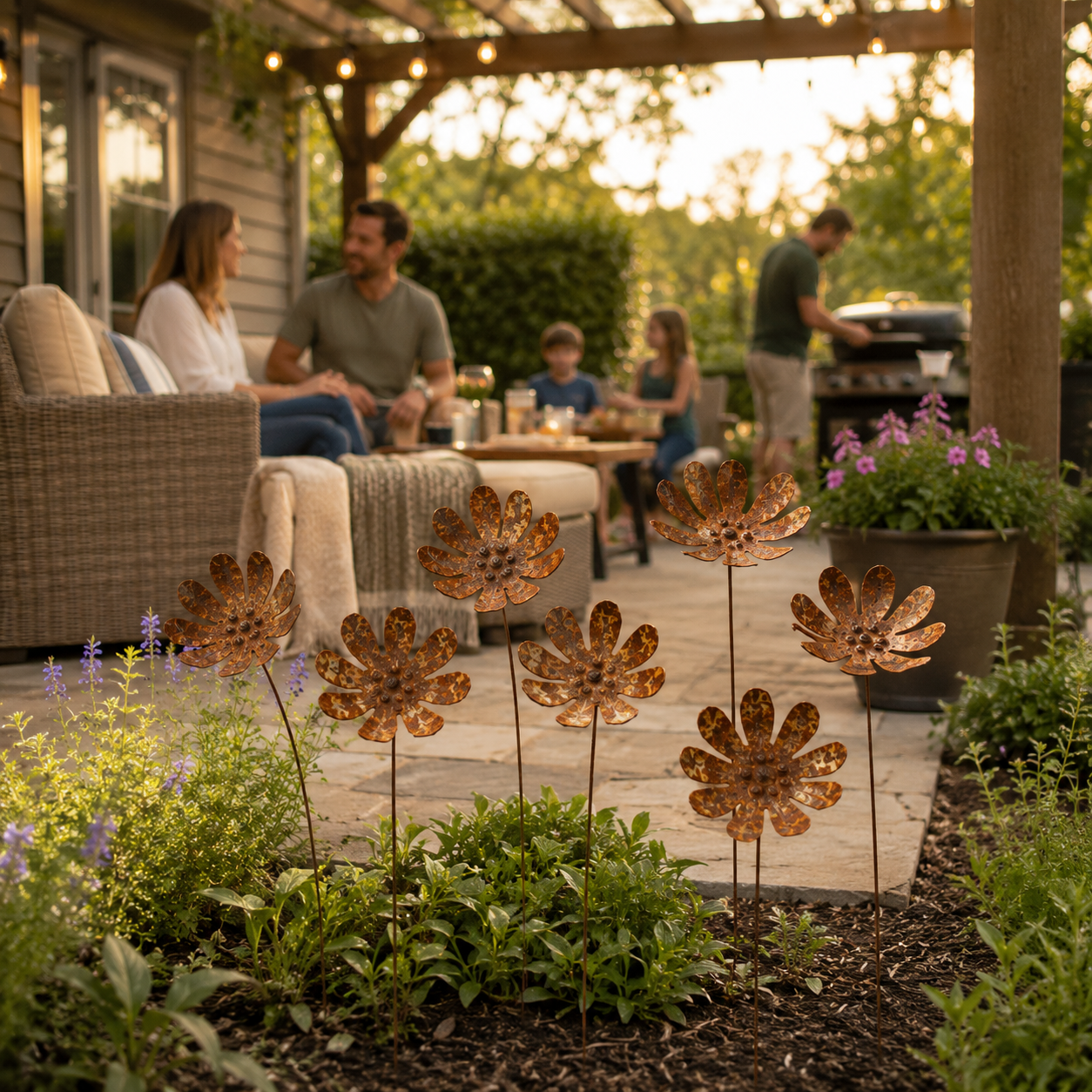 Rustic Daisy Metal Garden Stake Set – 6-Piece Iron Flower Outdoor Decor