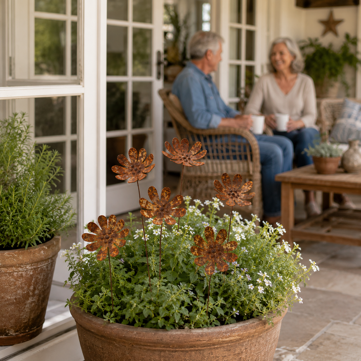 Rustic Daisy Metal Garden Stake Set – 6-Piece Iron Flower Outdoor Decor