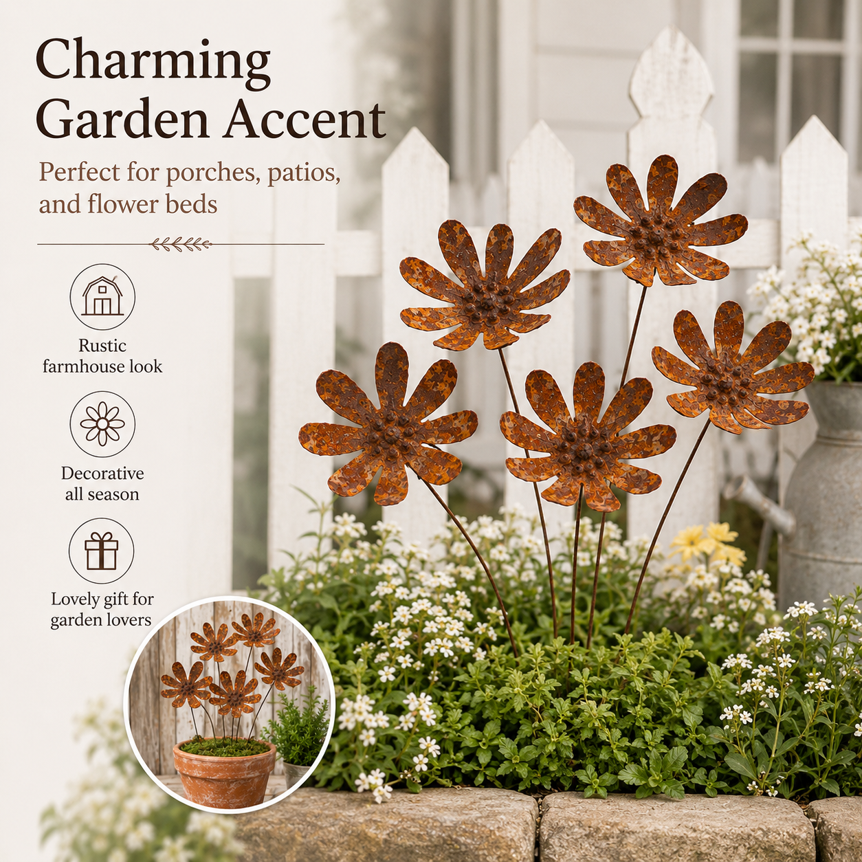 Rustic Daisy Metal Garden Stake Set – 6-Piece Iron Flower Outdoor Decor