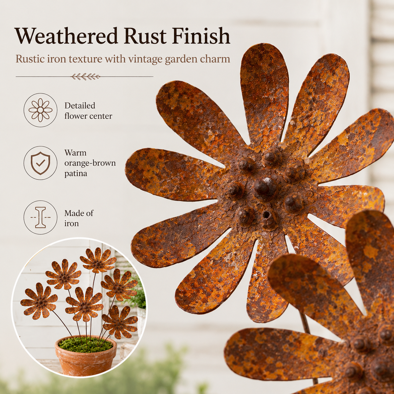 Rustic Daisy Metal Garden Stake Set – 6-Piece Iron Flower Outdoor Decor