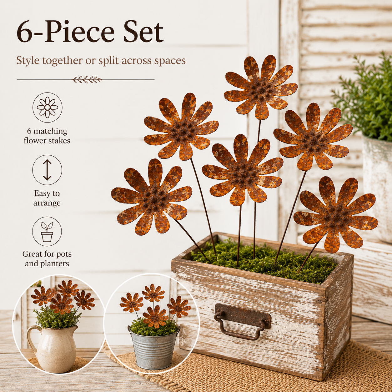 Rustic Daisy Metal Garden Stake Set – 6-Piece Iron Flower Outdoor Decor