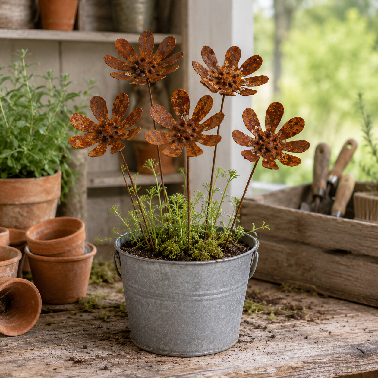 Rustic Daisy Metal Garden Stake Set – 6-Piece Iron Flower Outdoor Decor