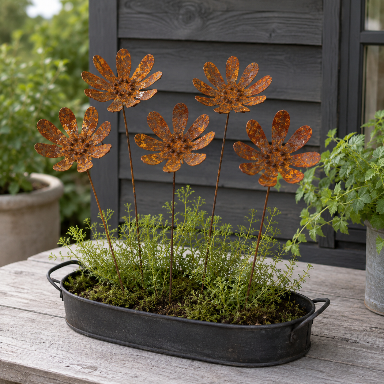 Rustic Daisy Metal Garden Stake Set – 6-Piece Iron Flower Outdoor Decor