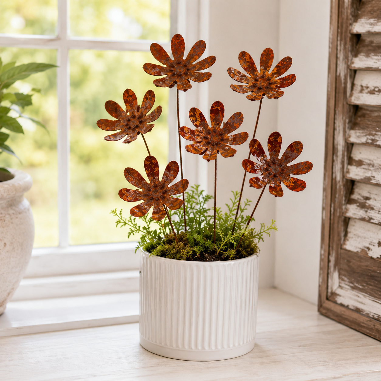 Rustic Daisy Metal Garden Stake Set – 6-Piece Iron Flower Outdoor Decor