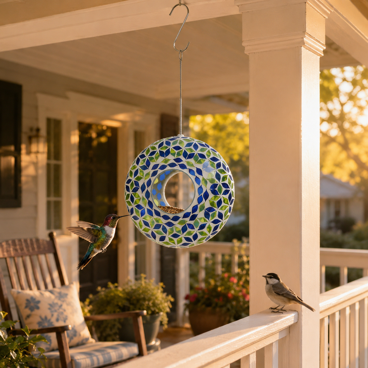 Glass Hanging Bird Feeder with Blue & Green Leaf Pattern