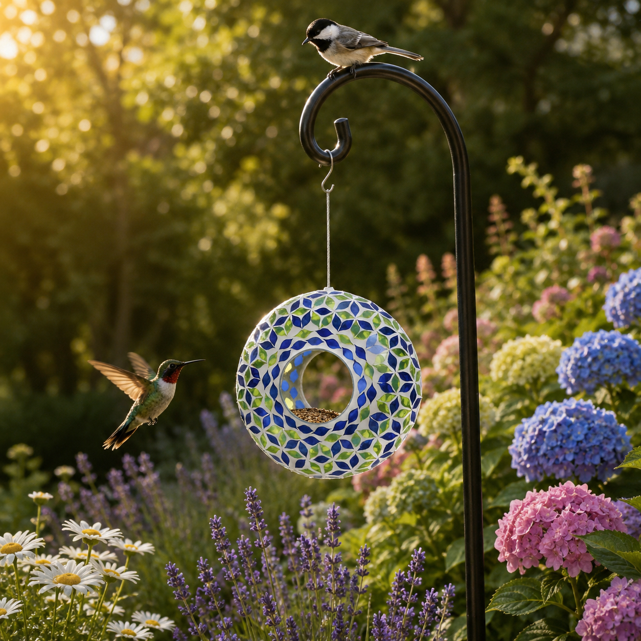 Glass Hanging Bird Feeder with Blue & Green Leaf Pattern