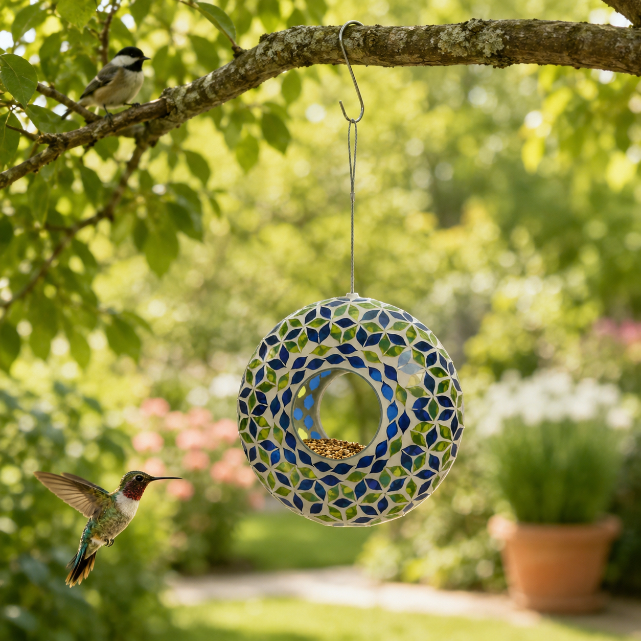 Glass Hanging Bird Feeder with Blue & Green Leaf Pattern