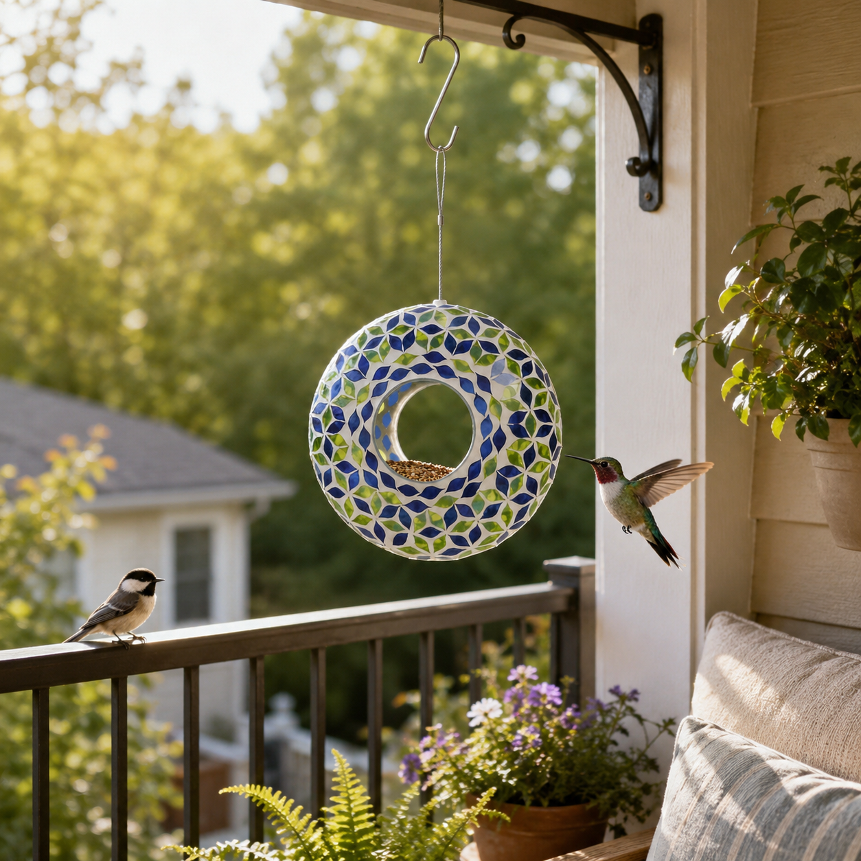 Glass Hanging Bird Feeder with Blue & Green Leaf Pattern