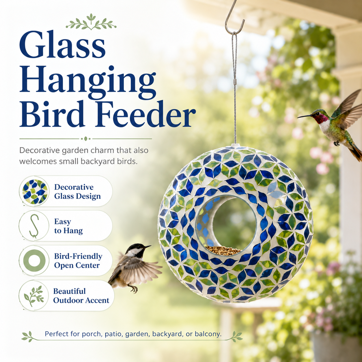 Glass Hanging Bird Feeder with Blue & Green Leaf Pattern