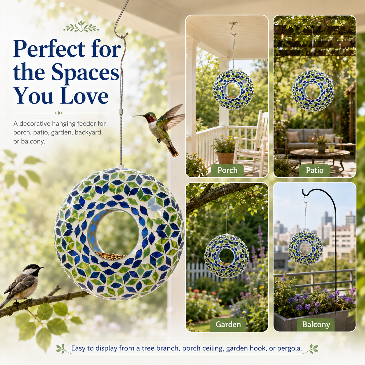 Glass Hanging Bird Feeder with Blue & Green Leaf Pattern