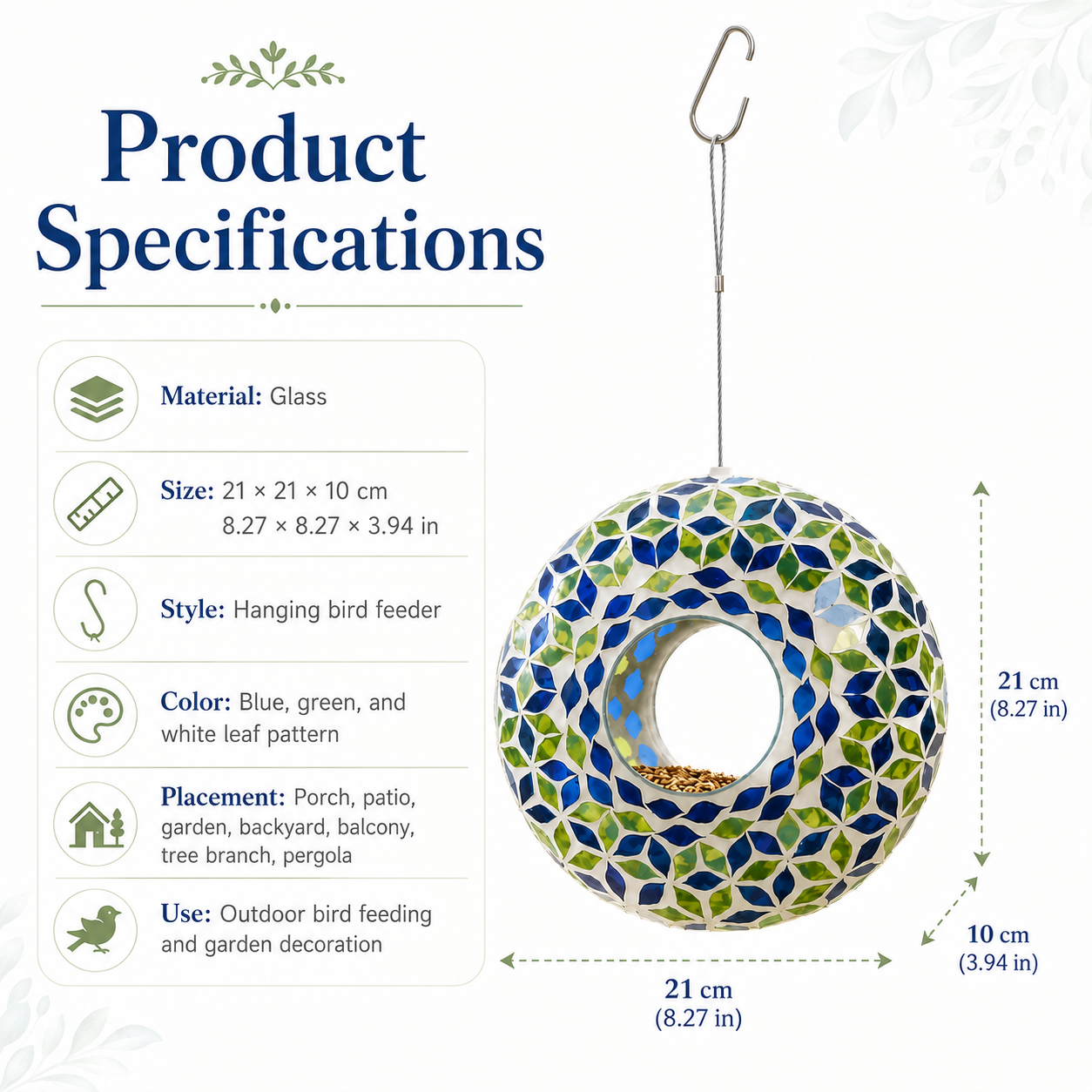 Glass Hanging Bird Feeder with Blue & Green Leaf Pattern