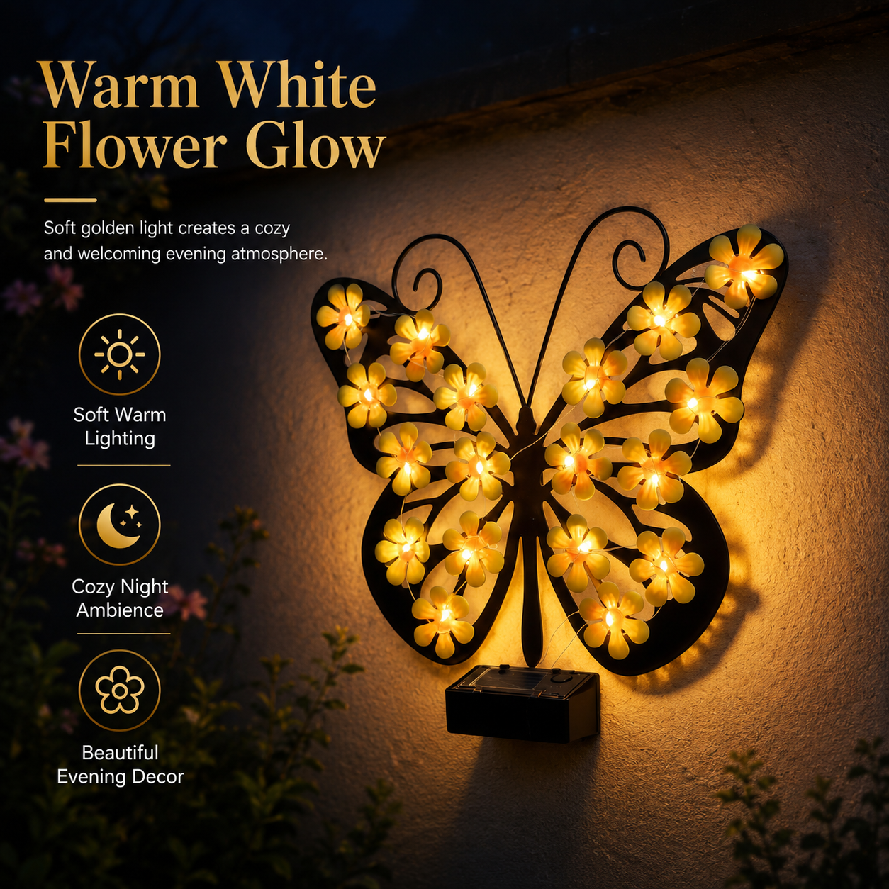 Solar Butterfly Wall Light with Warm White Flower LEDs