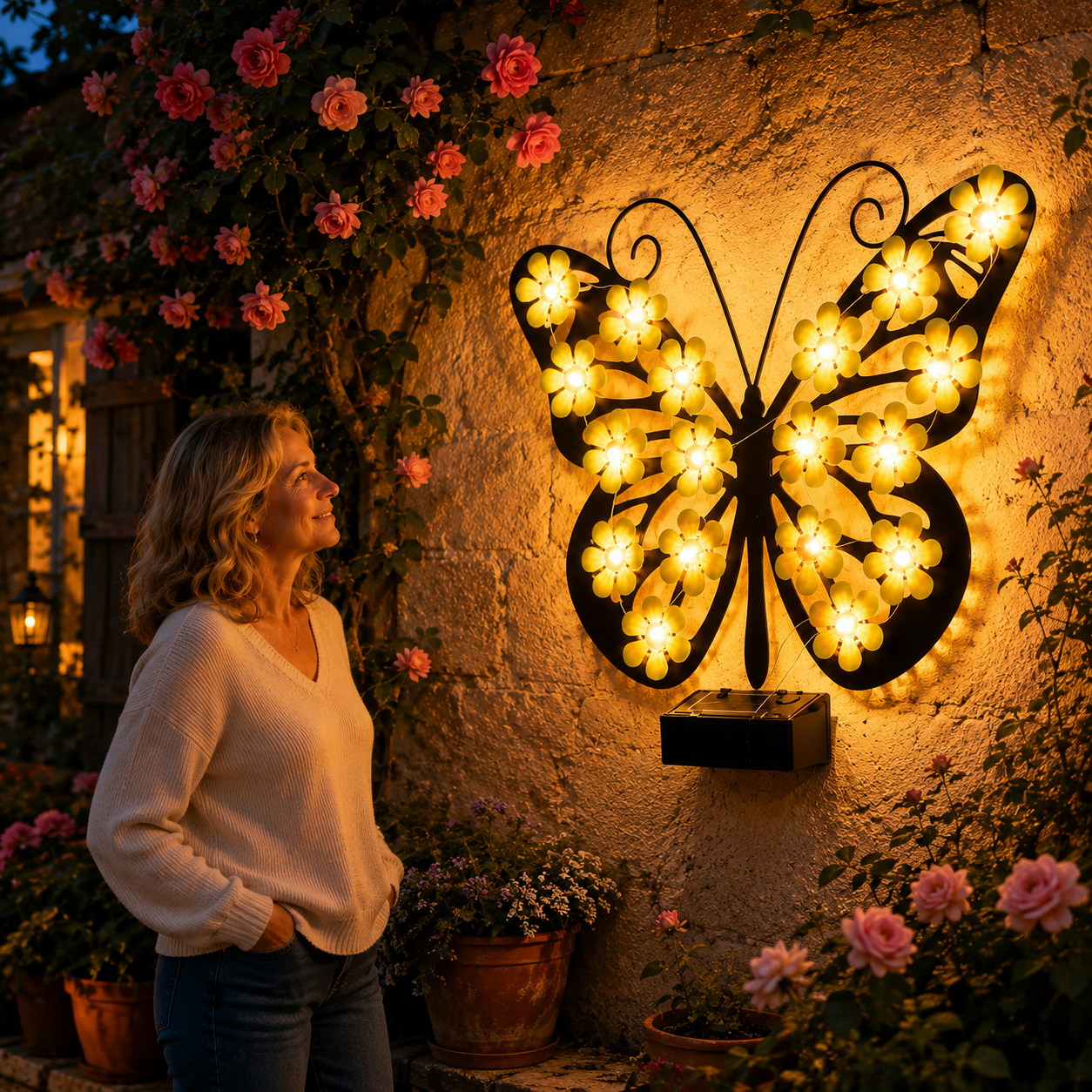 Solar Butterfly Wall Light with Warm White Flower LEDs