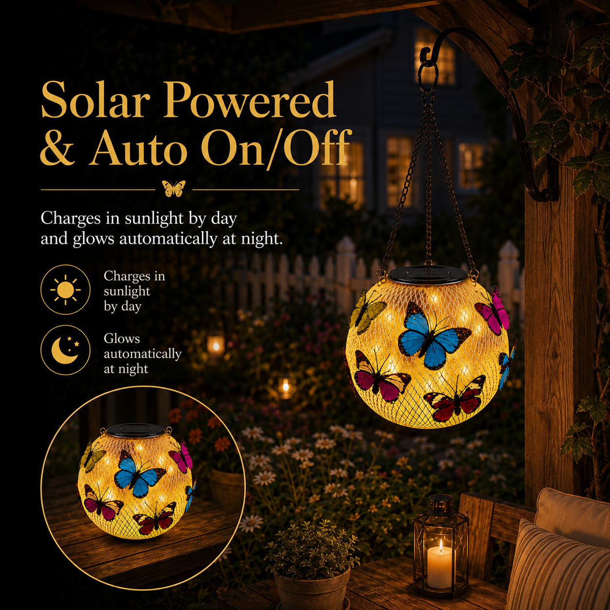 Solar Hanging Butterfly Lantern for Garden, Patio & Porch Decor