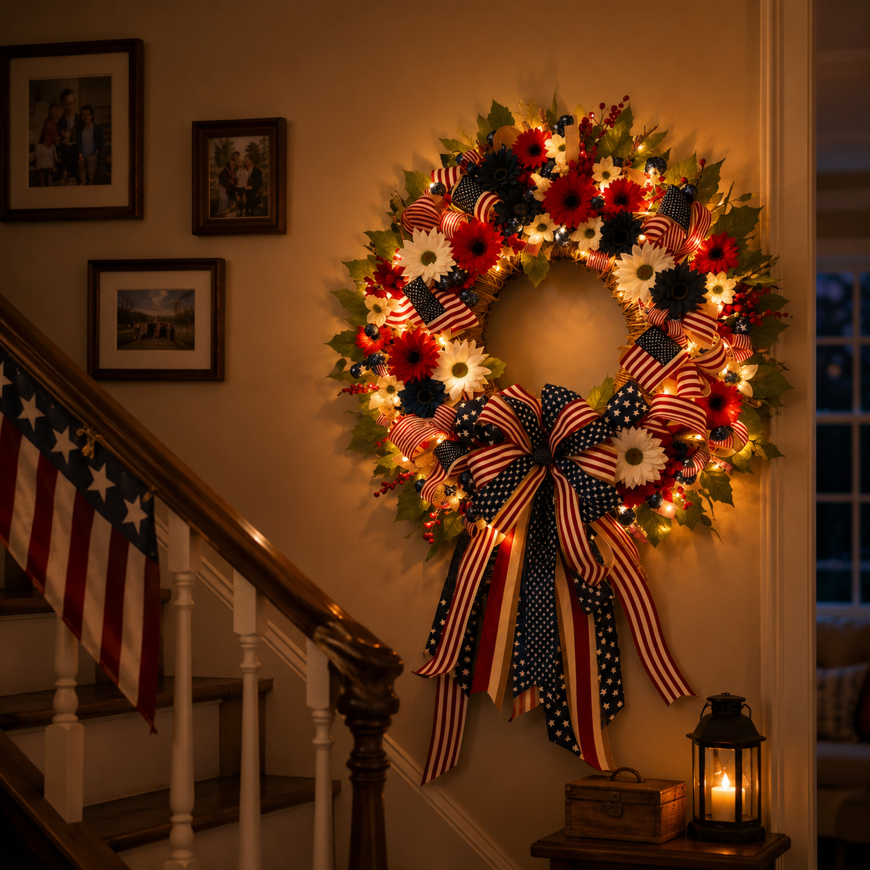 Lighted Patriotic Floral Wreath with Warm White LEDs, 55cm.