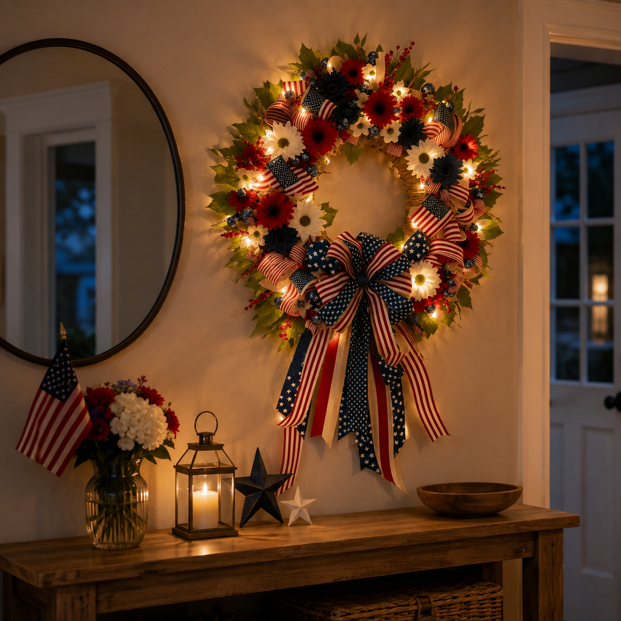 Lighted Patriotic Floral Wreath with Warm White LEDs, 55cm.