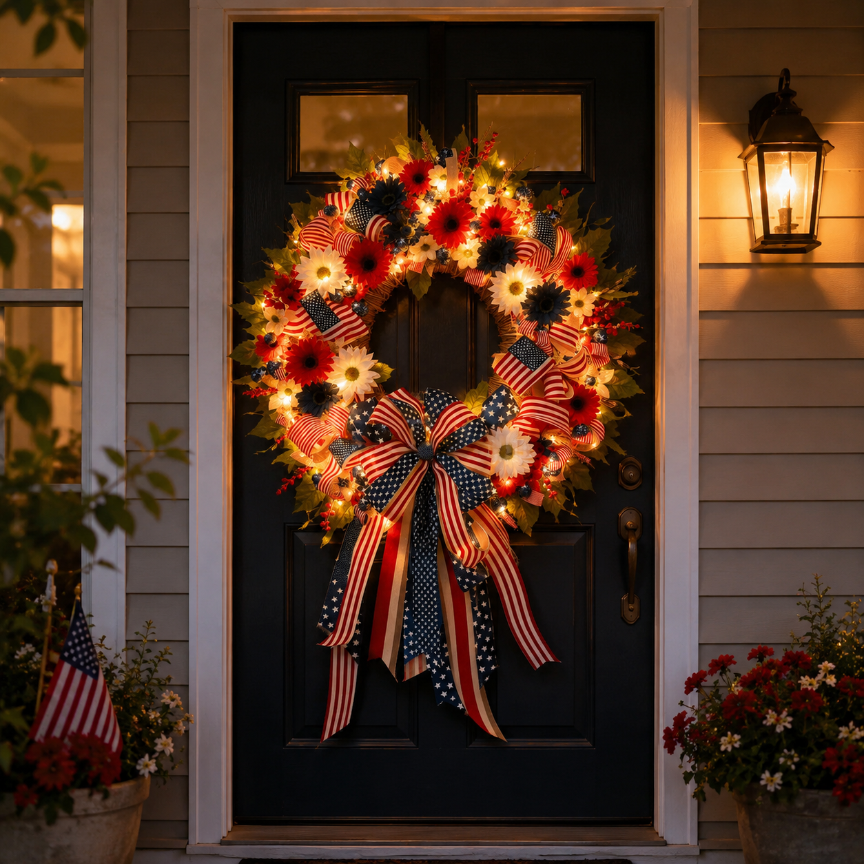 Lighted Patriotic Floral Wreath with Warm White LEDs, 55cm.