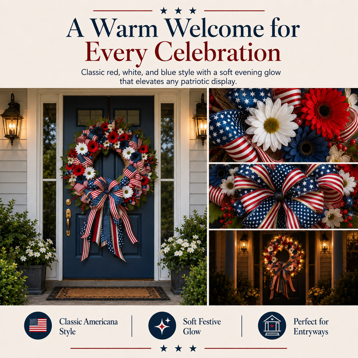 Lighted Patriotic Floral Wreath with Warm White LEDs, 55cm.