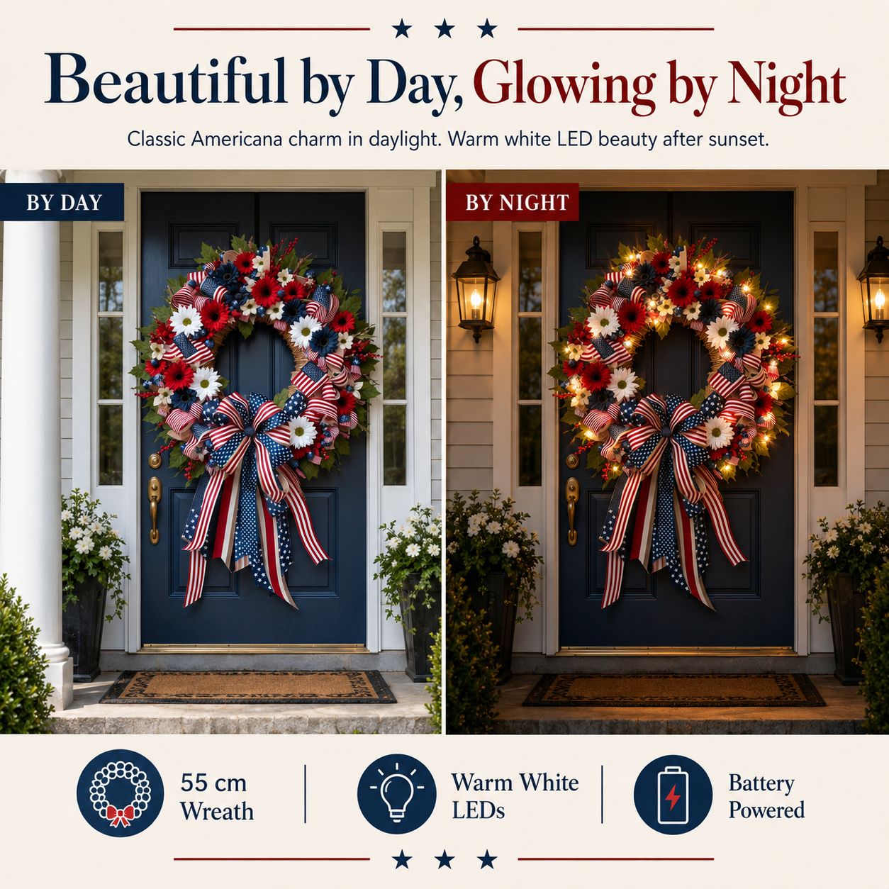 Lighted Patriotic Floral Wreath with Warm White LEDs, 55cm.