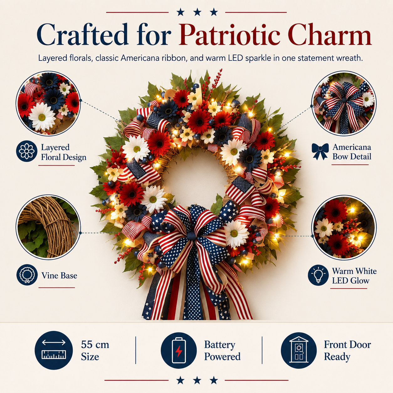Lighted Patriotic Floral Wreath with Warm White LEDs, 55cm.