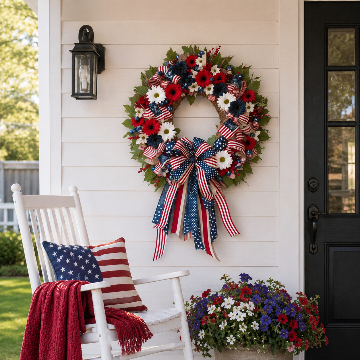Lighted Patriotic Floral Wreath with Warm White LEDs, 55cm.