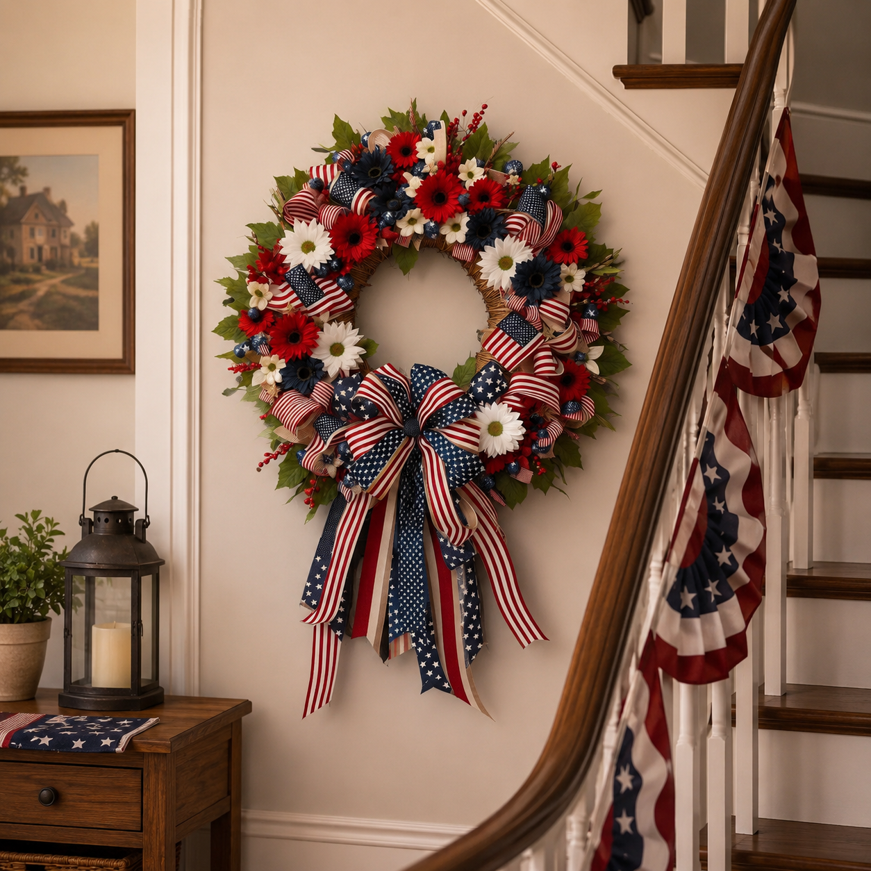 Lighted Patriotic Floral Wreath with Warm White LEDs, 55cm.