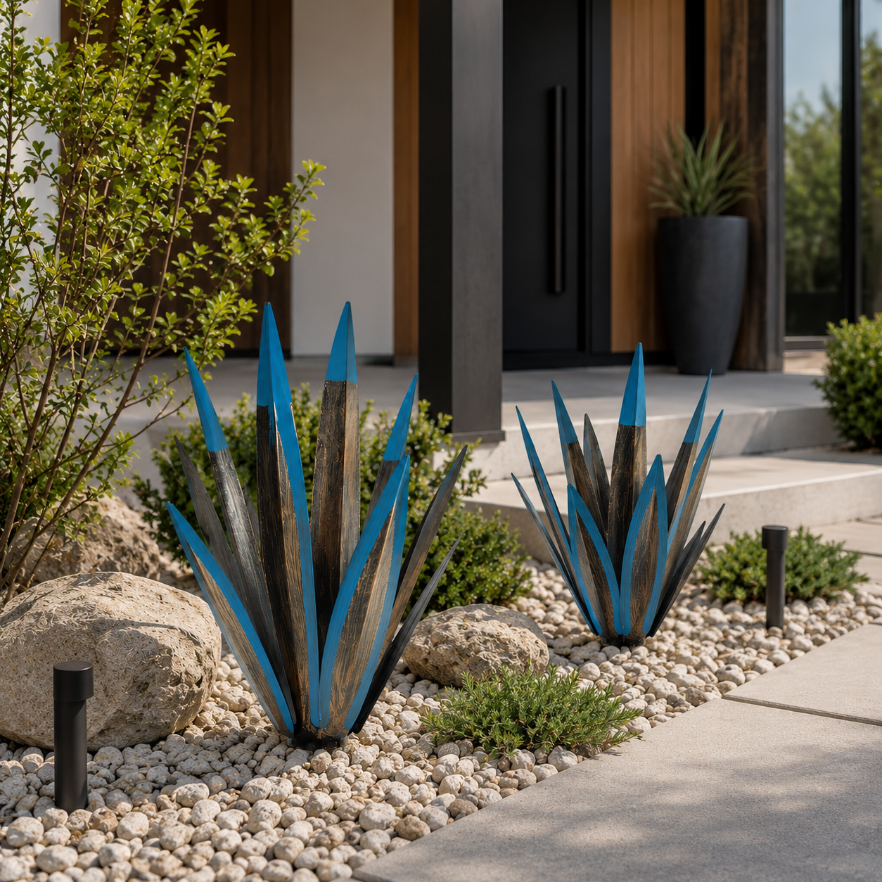 Blue Metal Agave Garden Stake Set – 2-Piece Outdoor Yard Decor