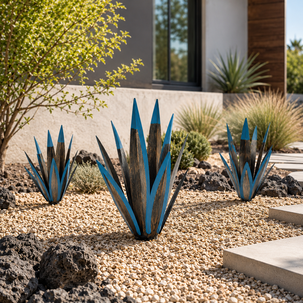 Blue Metal Agave Garden Stake Set – 2-Piece Outdoor Yard Decor