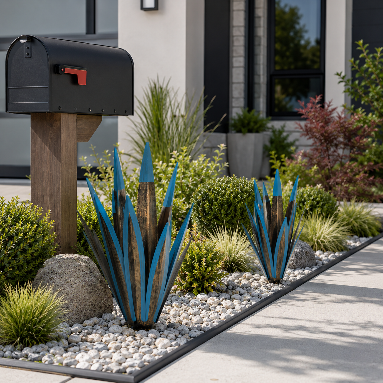 Blue Metal Agave Garden Stake Set – 2-Piece Outdoor Yard Decor