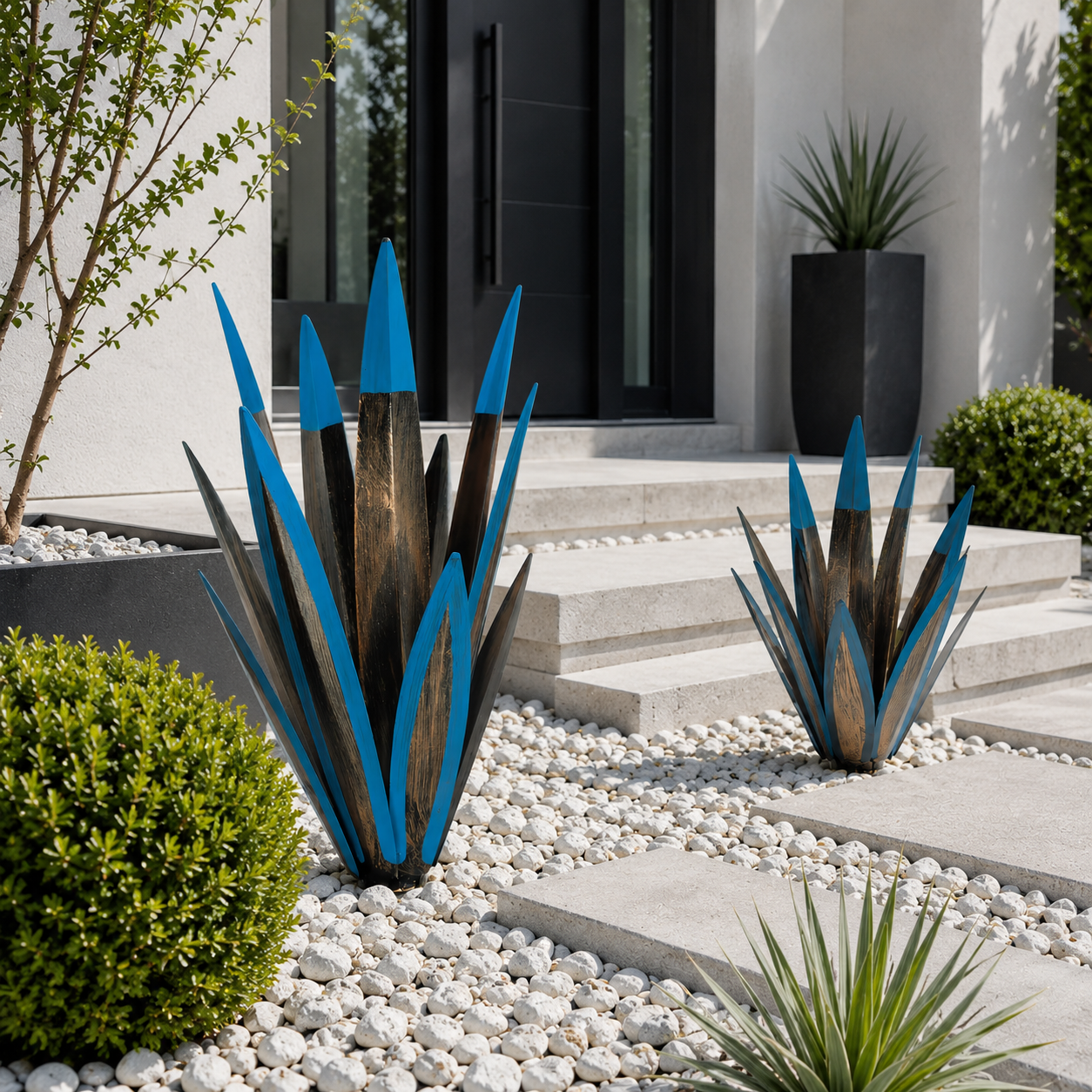 Blue Metal Agave Garden Stake Set – 2-Piece Outdoor Yard Decor