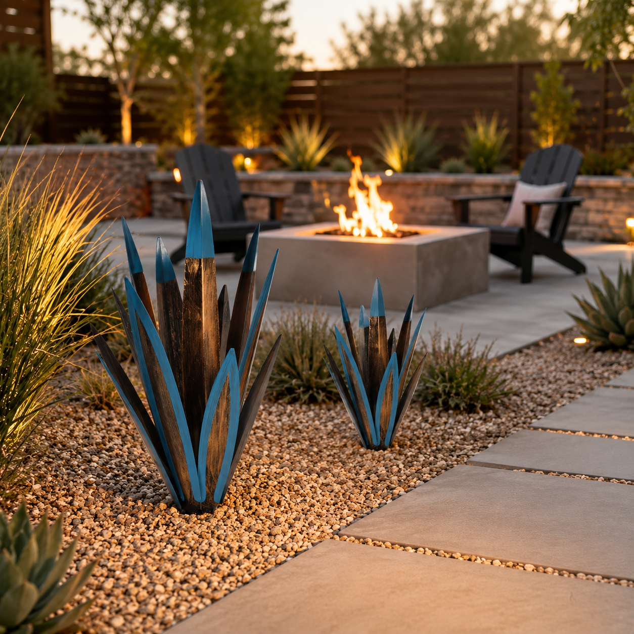 Blue Metal Agave Garden Stake Set – 2-Piece Outdoor Yard Decor