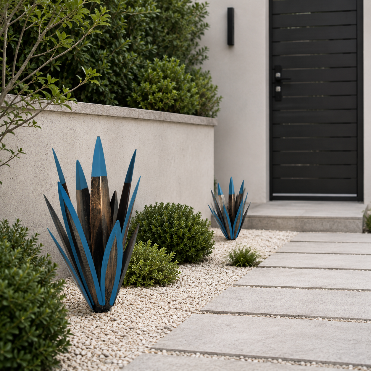 Blue Metal Agave Garden Stake Set – 2-Piece Outdoor Yard Decor