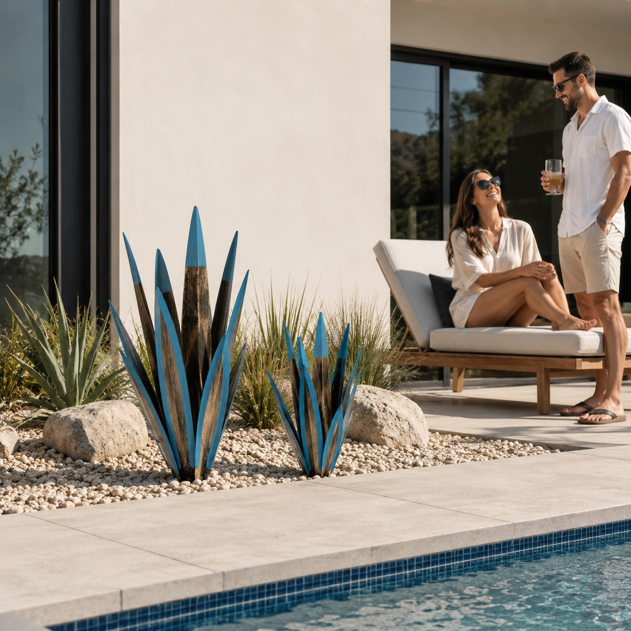 Blue Metal Agave Garden Stake Set – 2-Piece Outdoor Yard Decor