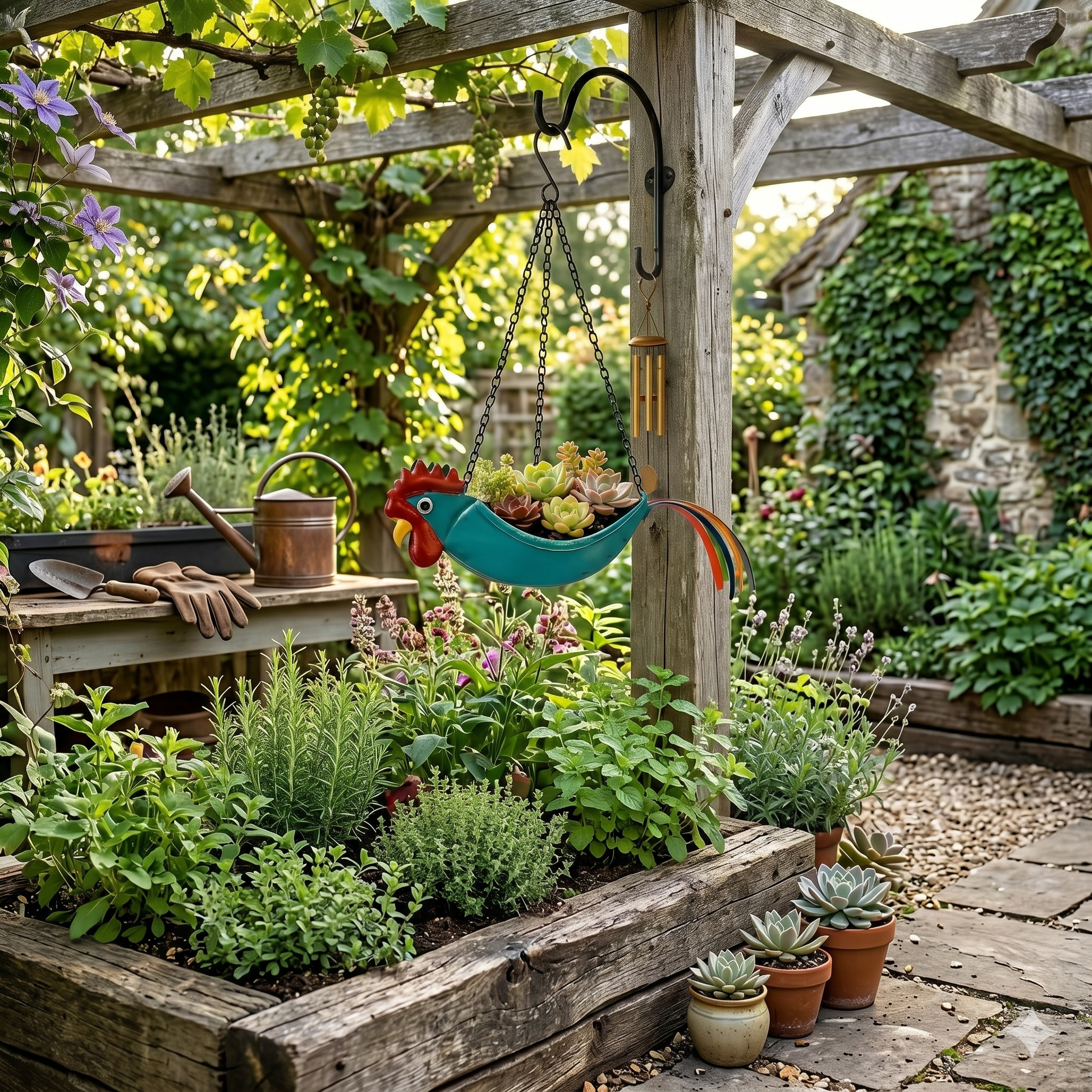 Metal Rooster Hanging Planter for Succulents, Rustic Farmhouse Outdoor Flower Pot Basket