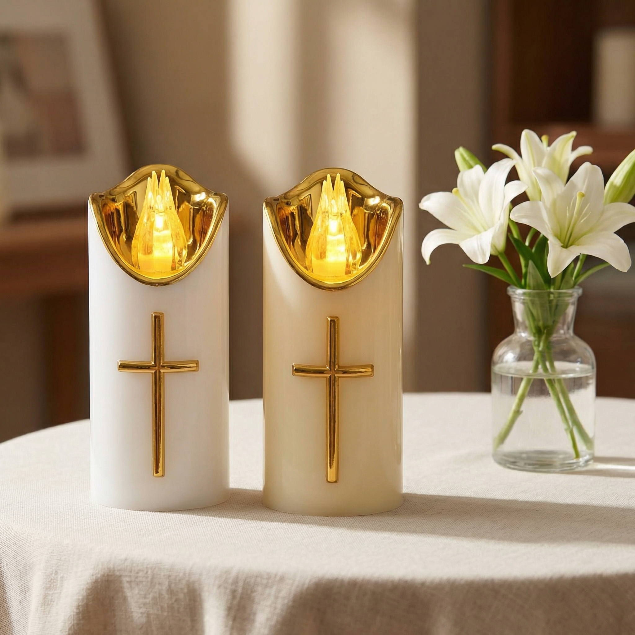 Flameless Pillar LED Candle with Gold Cross