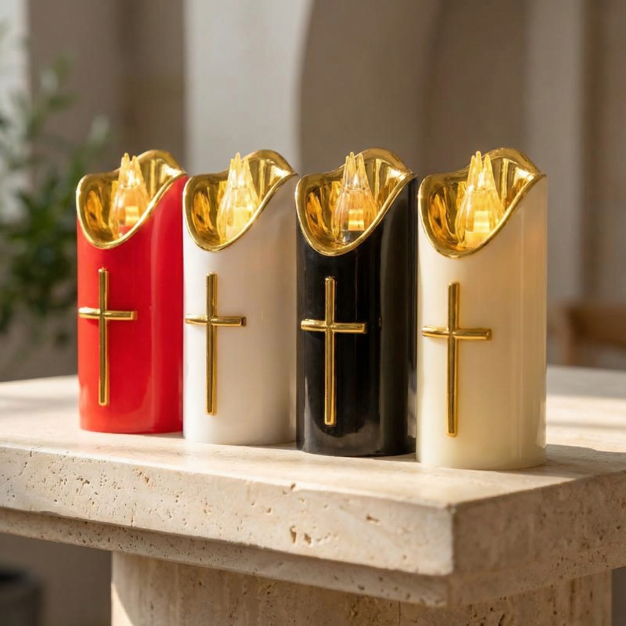 Flameless Pillar LED Candle with Gold Cross