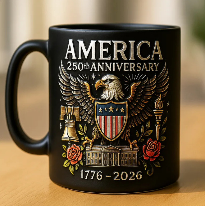 America 250th Anniversary Commemorative Ceramic Mug (1776–2026), 15 oz