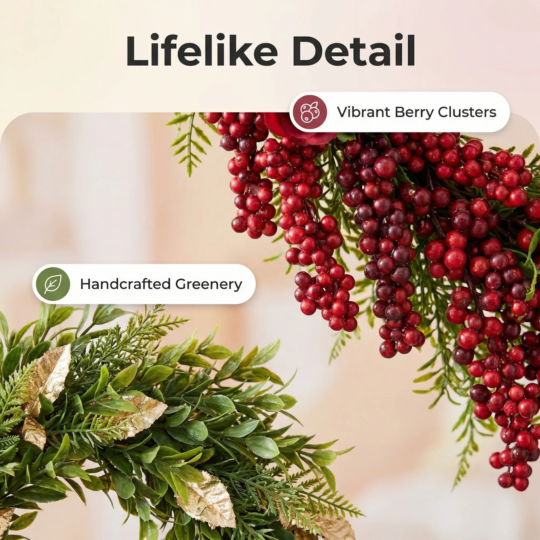 Farmhouse Valentine Heart Wreath with Gold Heart Bells, Red Roses & Berry Greenery (18" x 25")