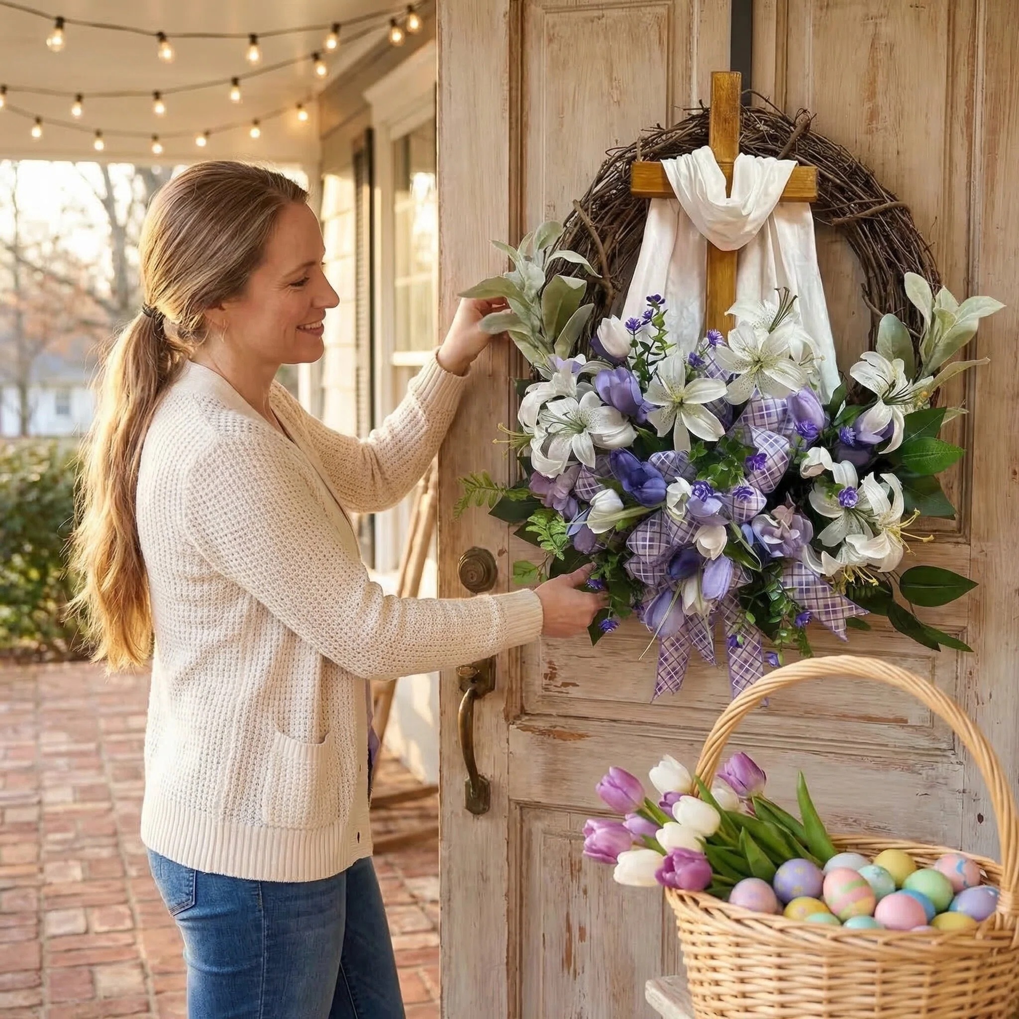 Easter Cross Floral Front Door Wreath