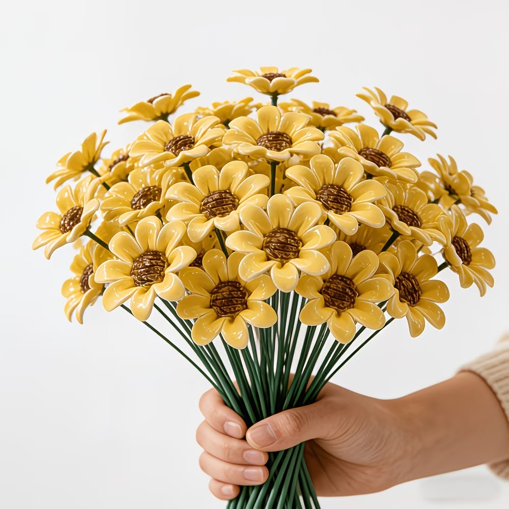10pcs Ceramic Sunflower Bouquet Decor – Warm Yellow Tabletop Floral Accent for Bedroom, Living Room & Entryway