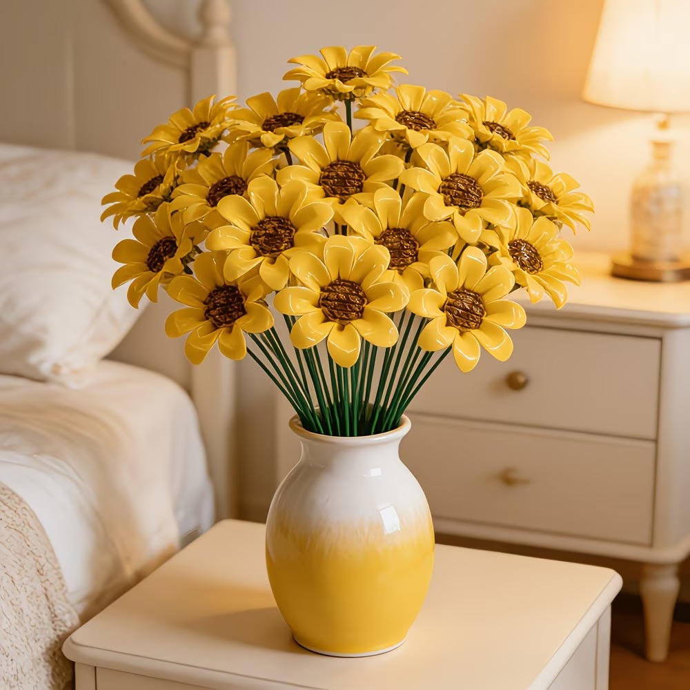 10pcs Ceramic Sunflower Bouquet Decor – Warm Yellow Tabletop Floral Accent for Bedroom, Living Room & Entryway