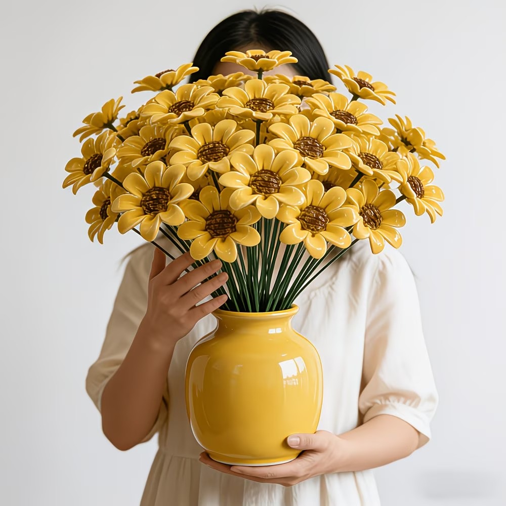 10pcs Ceramic Sunflower Bouquet Decor – Warm Yellow Tabletop Floral Accent for Bedroom, Living Room & Entryway