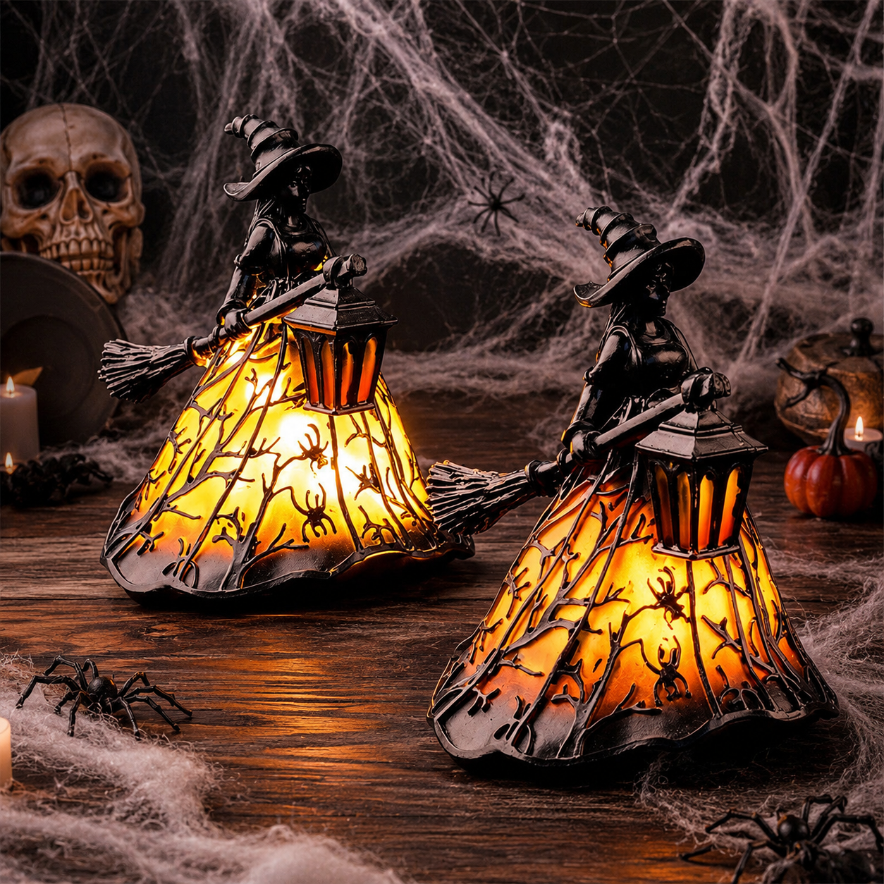 Enchanted Witch Broom Lantern Figurine Light