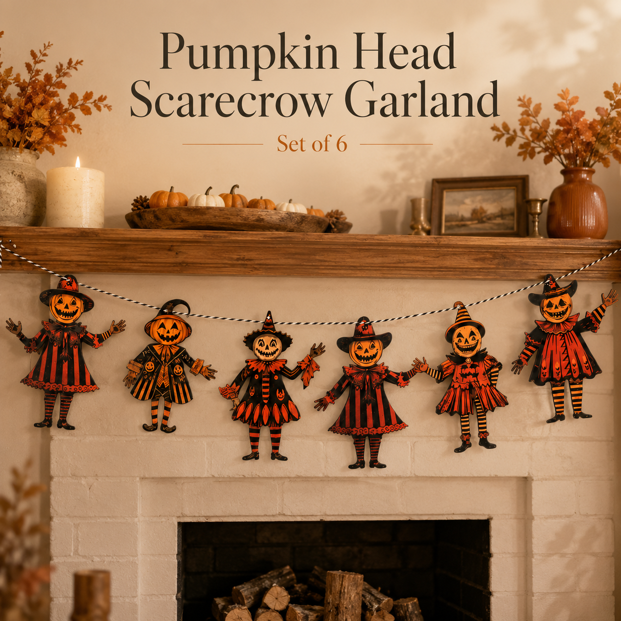 Pumpkin Head Scarecrow Garland — Set of 6